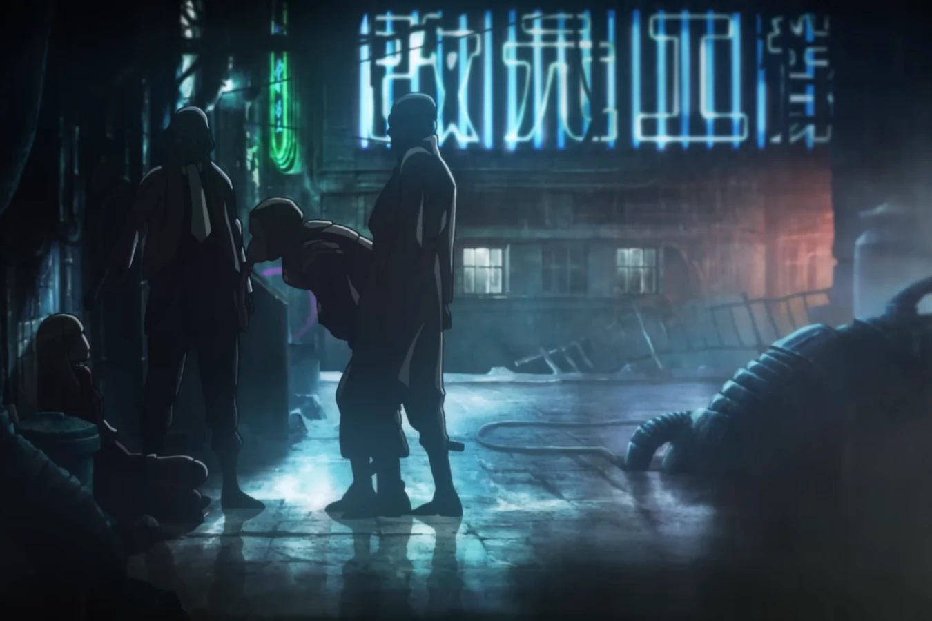 A group of thugs gathering in a dark, rain-soaked Los Angeles alley under green neon signs in Blade Runner Black Out 2022