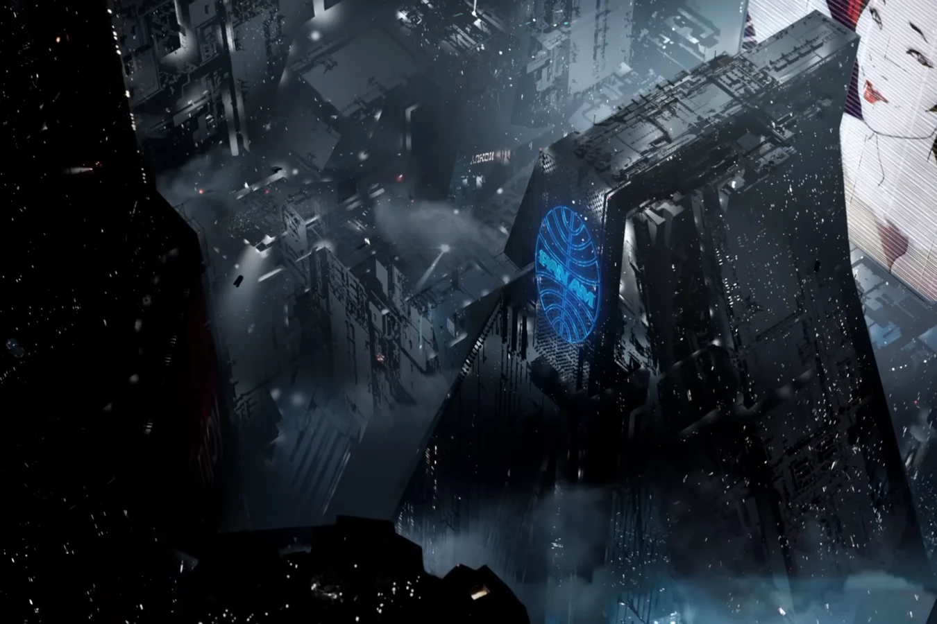 Dark Los Angeles towers in the rain beside a lit billboard of a woman's face in Blade Runner Black Out 2022
