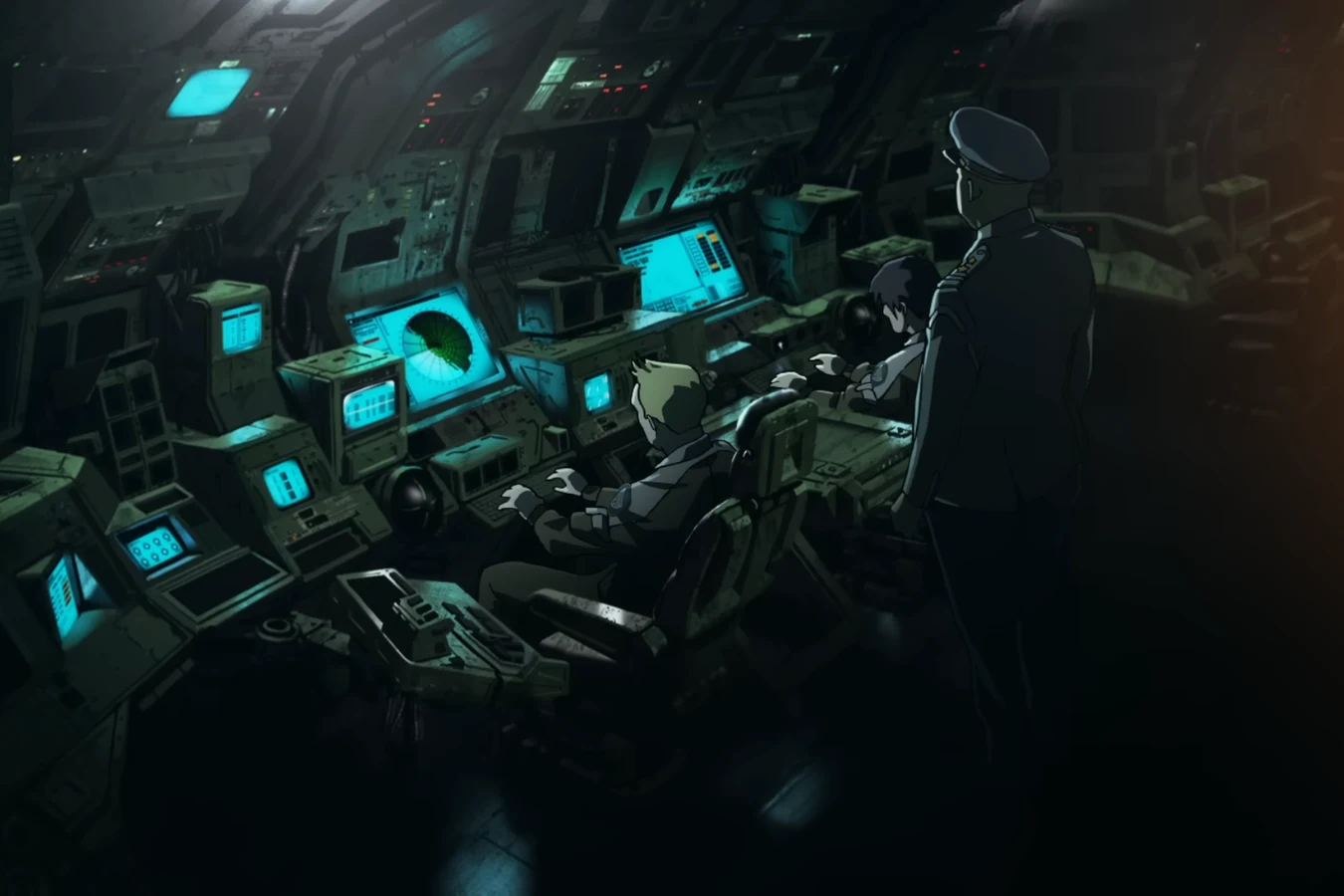 Ren and other technicians at glowing consoles in a dark military missile control room while an officer stands over them in Blade Runner Black Out 2022