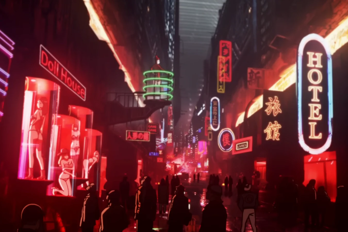 Crowds walking down a rainy Los Angeles street lit by red neon signs and a tall hotel sign in Blade Runner Black Out 2022