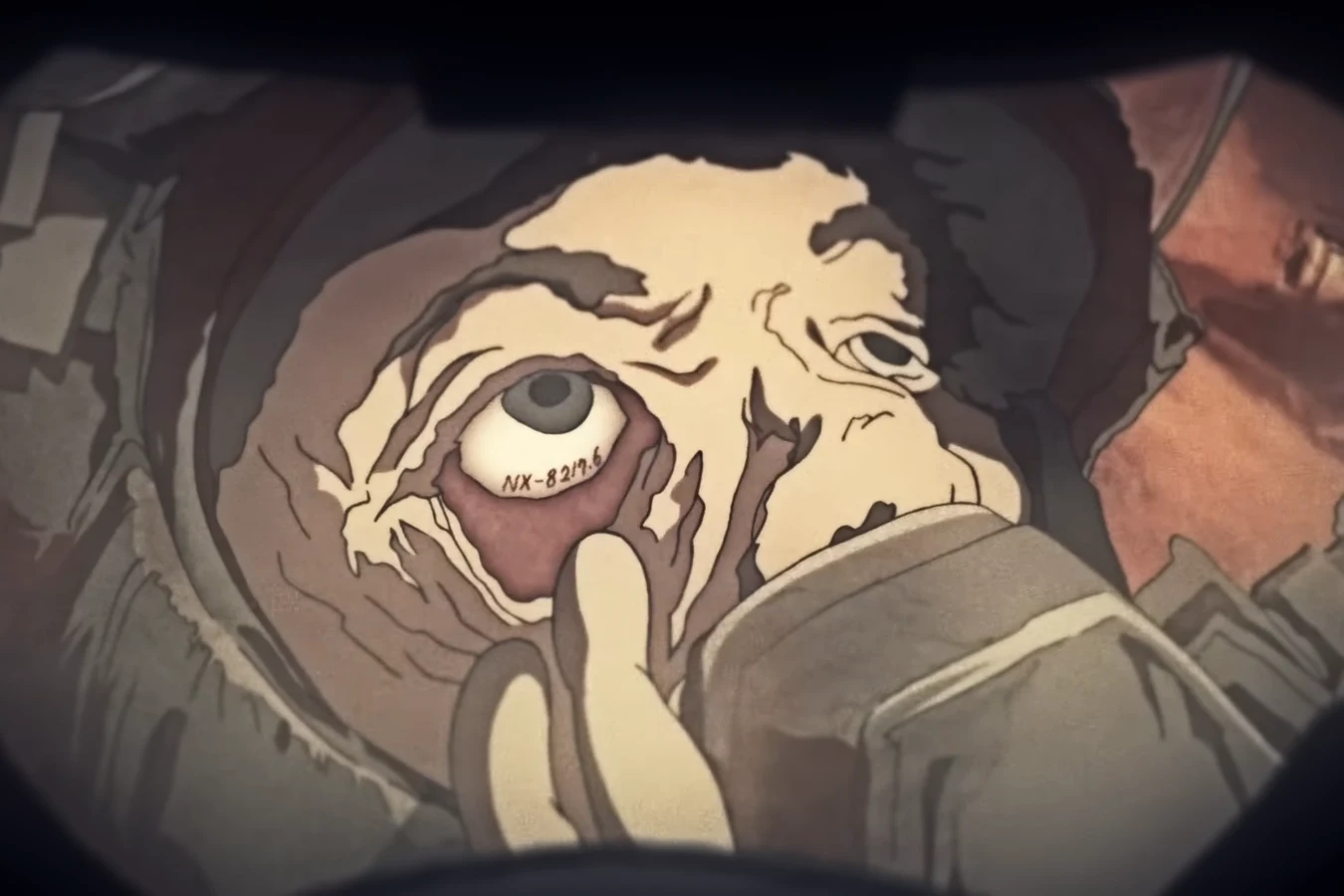 A close-up of a dead soldier's eye marked with a Nexus serial number, seen through a helmet visor in Blade Runner Black Out 2022