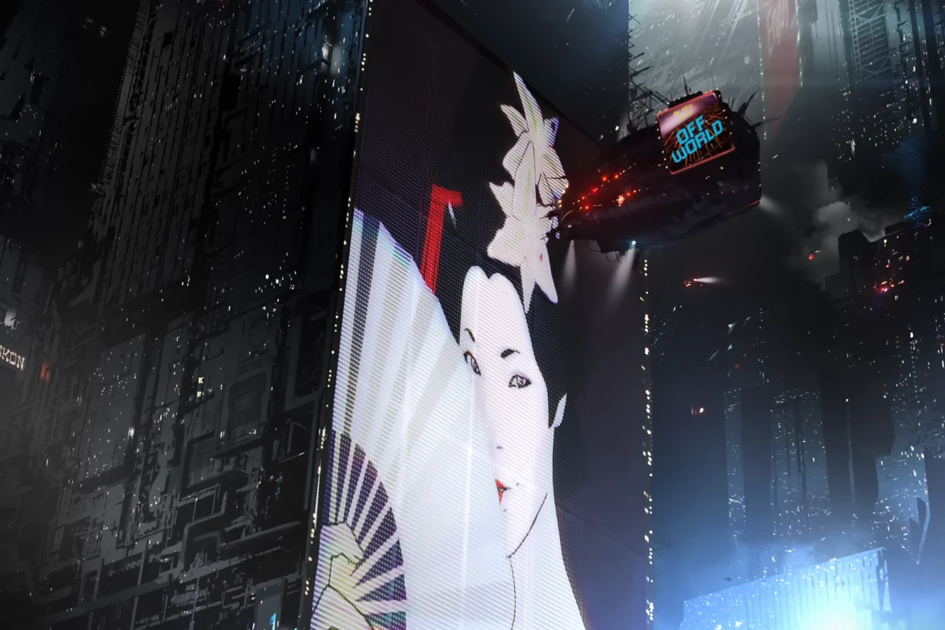 A red Off-World advertising blimp flying past a giant geisha billboard between dark towers in Blade Runner Black Out 2022
