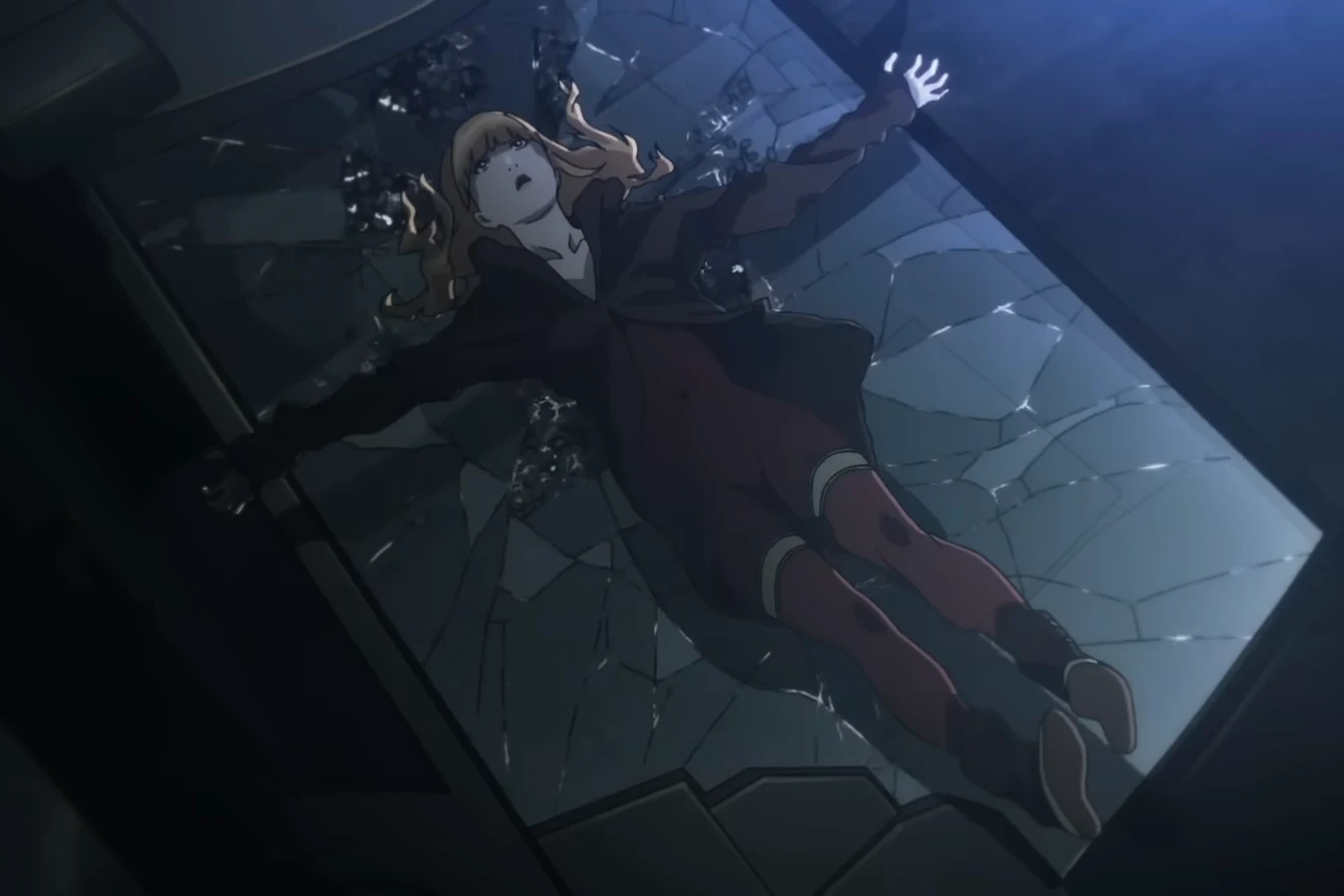 Trixie lying dead on a broken glass canopy after being shot by guards in Blade Runner Black Out 2022