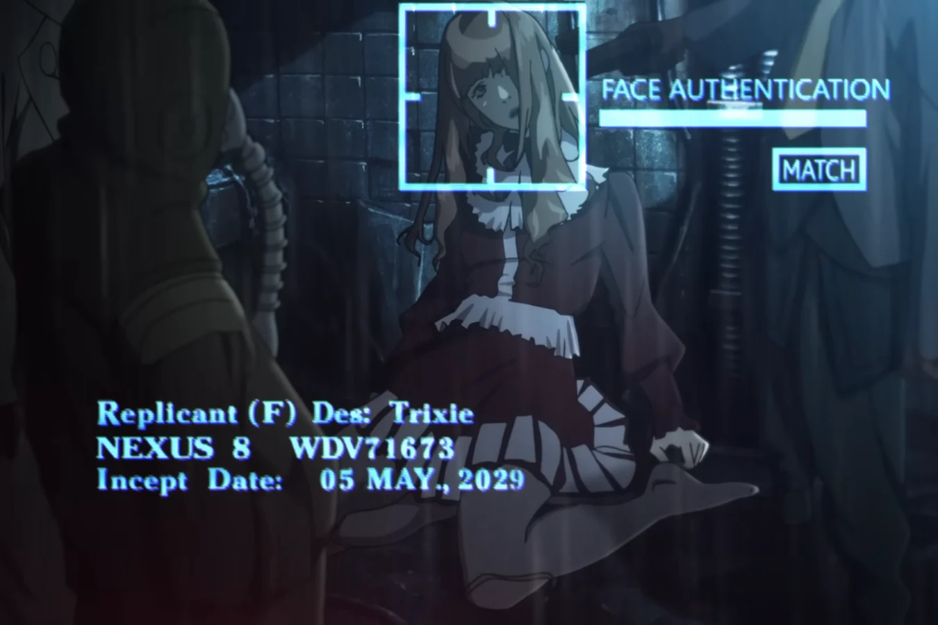A face authentication scan matching Trixie as a Nexus 8 female replicant with her serial number WDV71673 in Blade Runner Black Out 2022