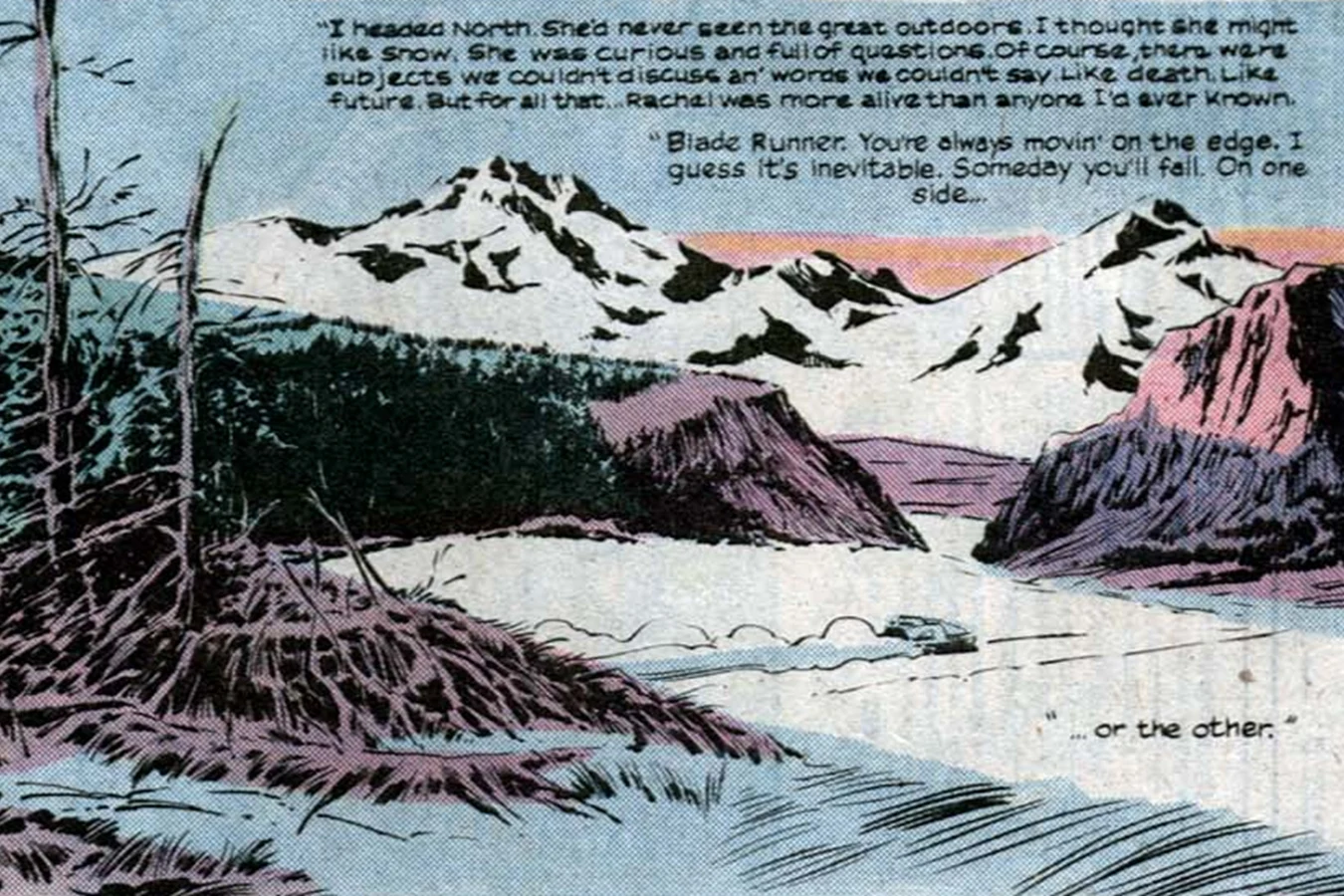Deckard and Rachael driving toward snowy mountains at the end of the Marvel Blade Runner comic