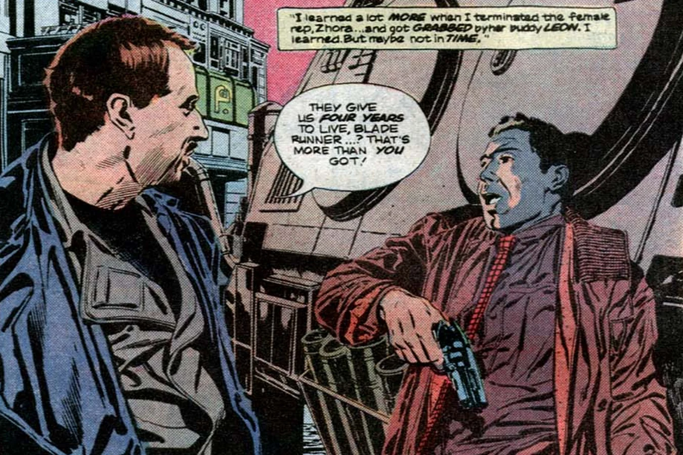 Leon holding Deckard at gunpoint after Zhora's death in the Marvel Blade Runner comic