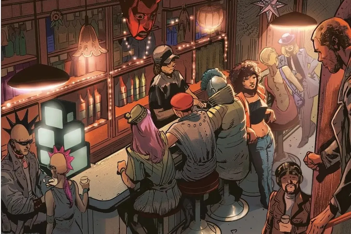 Patrons crowding the bar inside All Caps beneath demon masks and string lights in Sector 6-B in Blade Runner: Origins