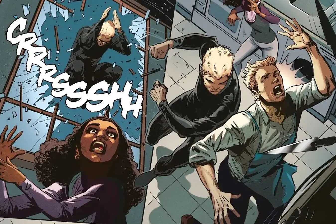 Asa smashing through a kitchen window to stop the awakened Nexus-4 servant Arnault from attacking the family he served in Blade Runner: Origins