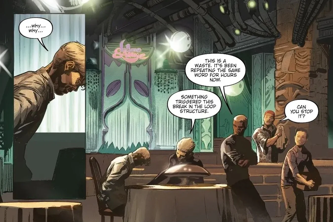 Cal Moreaux and others examining a glowing dome device looping the word why at La Plume Sauvage in Blade Runner: Origins