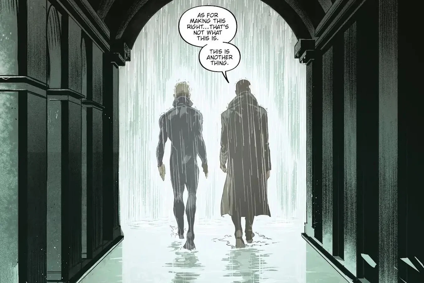 Cal Moreaux and Asa walking away down a flooded arched hallway into heavy rain, leaving a body behind in Blade Runner: Origins