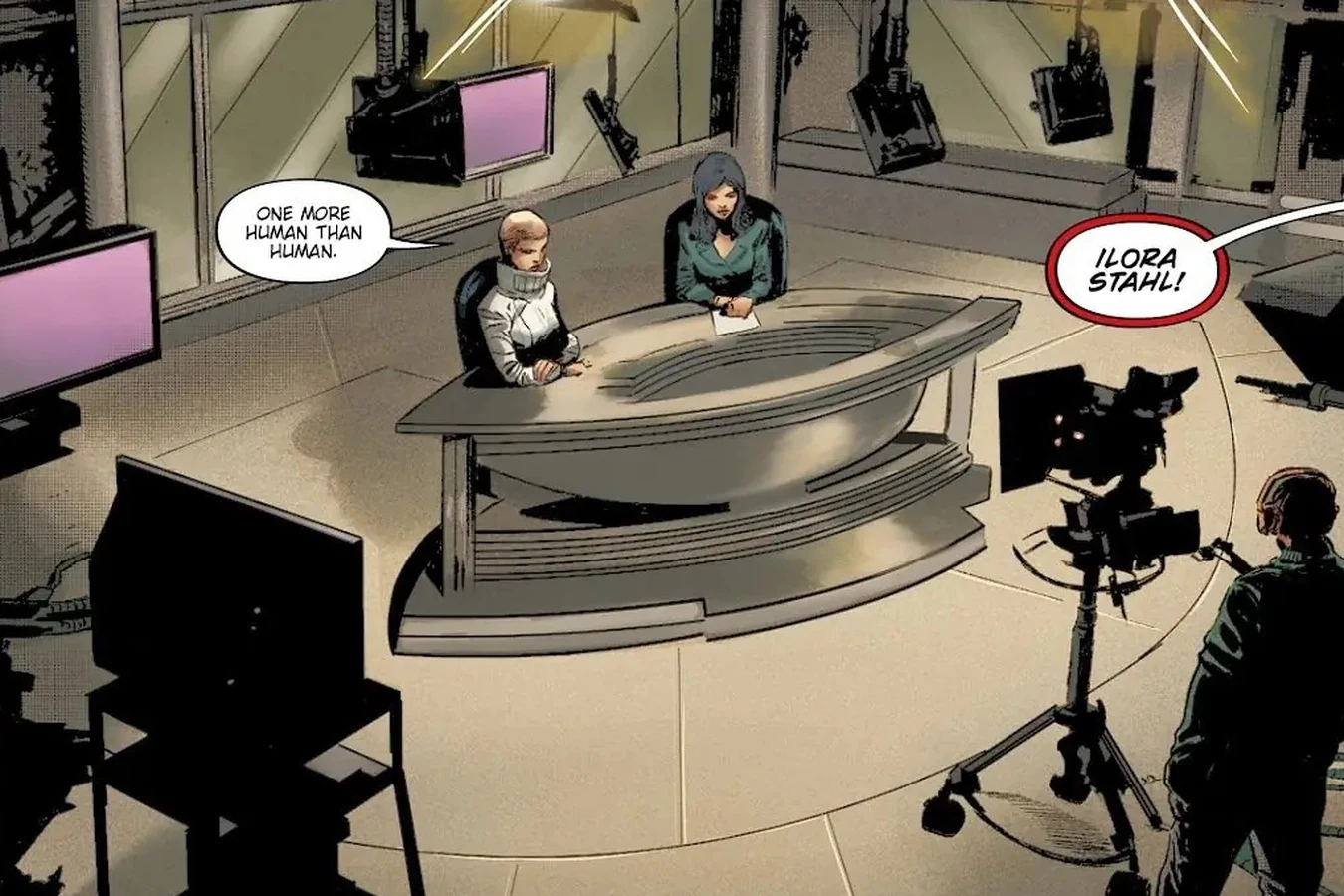 High view of the Tyrell broadcast studio as two anchors sit at an oval desk and a camera operator calls out for Ilora Stahl in Blade Runner: Origins