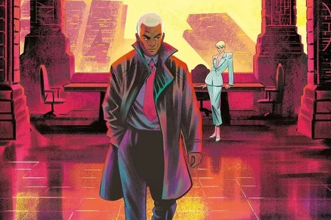 Veronica Fish's cover A for Blade Runner: Origins #12, with Cal Moreaux walking toward the viewer in a trench coat while Ilora Stahl waits by a desk overlooking Los Angeles