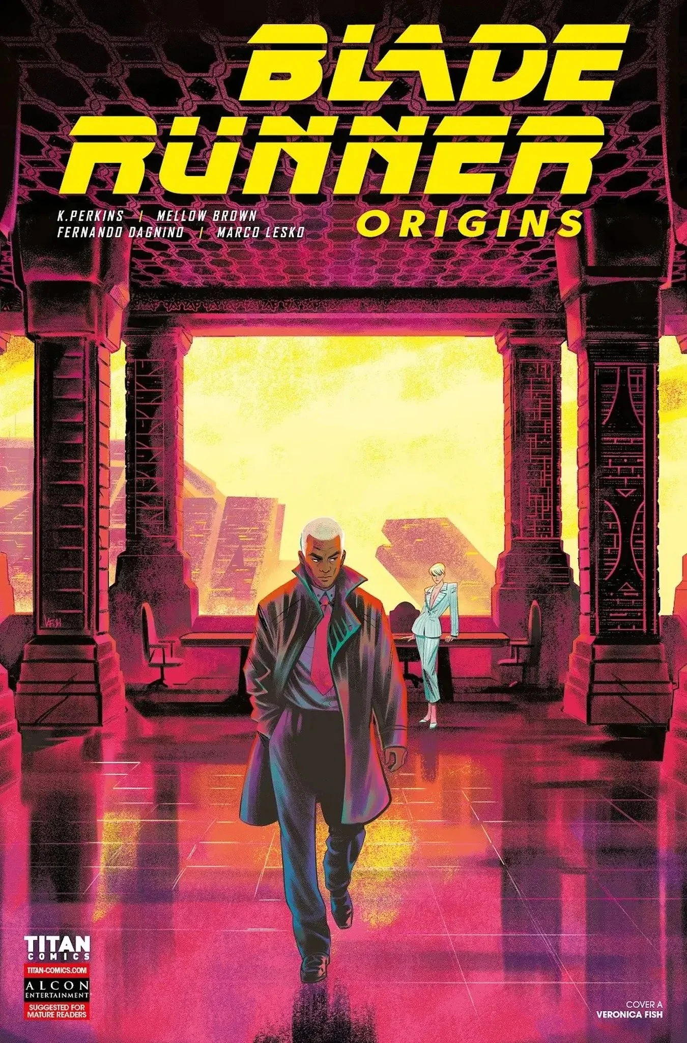 Veronica Fish's cover A for Blade Runner: Origins #12, with Cal Moreaux walking toward the viewer in a trench coat while Ilora Stahl waits by a desk overlooking Los Angeles