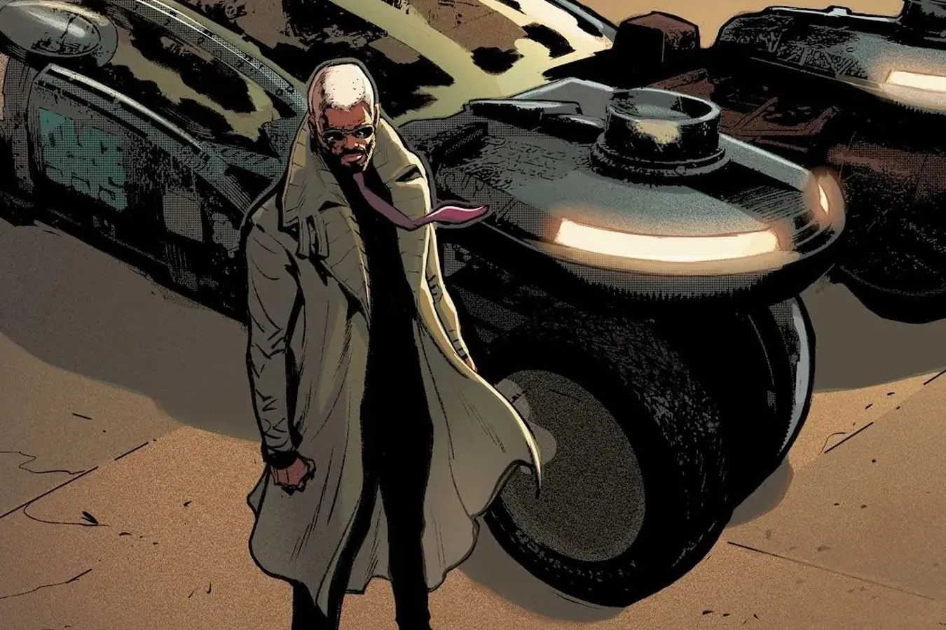 Cal Moreaux in a tan trench coat and loosened pink tie standing in front of a parked spinner in Blade Runner: Origins