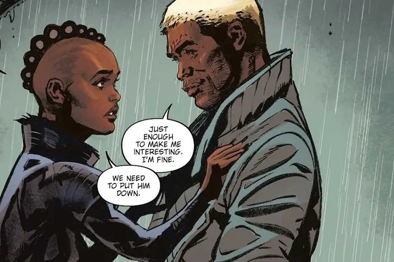 Nia Moreaux and Cal Moreaux face to face in the rain as she presses a hand to his chest in Blade Runner: Origins