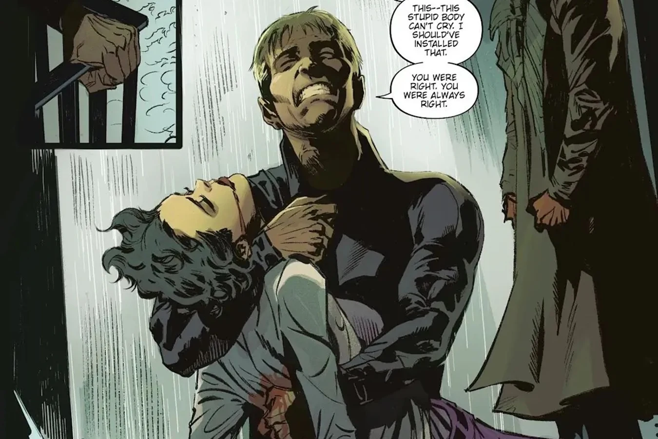Asa cradling Effie Koropey's body in the rain while Cal Moreaux stands nearby after Ilora Stahl shoots her in Blade Runner: Origins