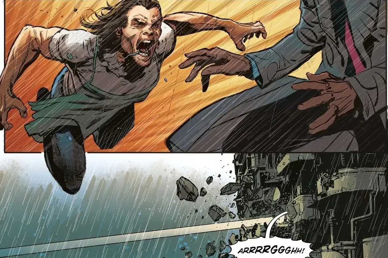 Filip leaping through debris with a curved knife during the fight with Cal and Asa in Blade Runner: Origins