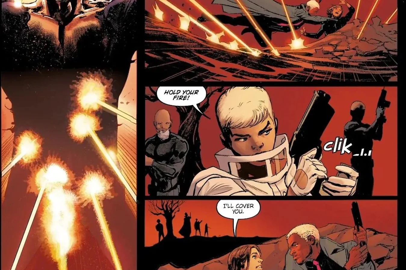 Isaac providing cover fire for Cal Moreaux during the battle for Sector 6-B in Blade Runner: Origins