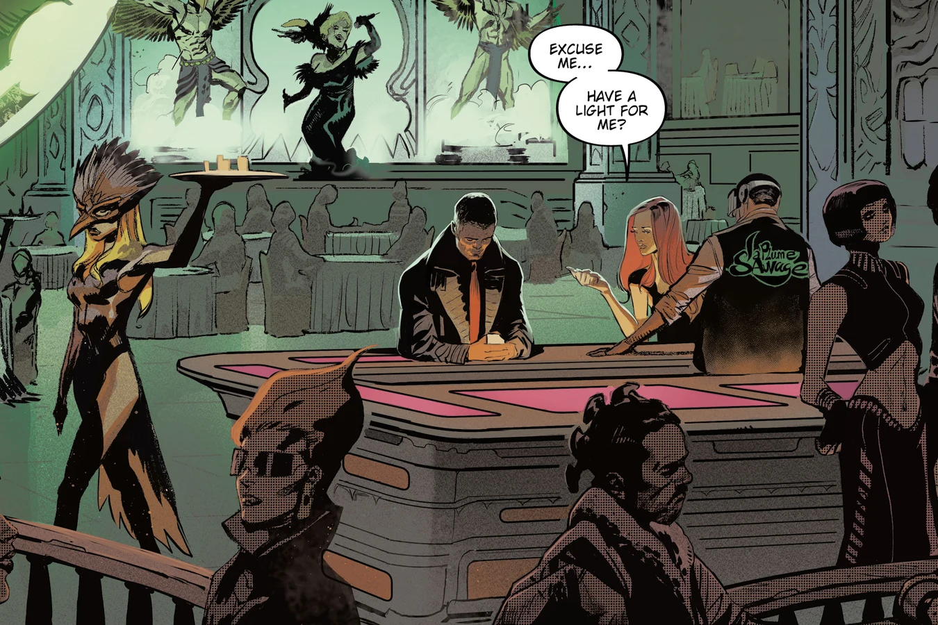 Cal Moreaux seated at the pink-topped bar inside La Plume Sauvage with bird-masked performers on stage in Blade Runner: Origins