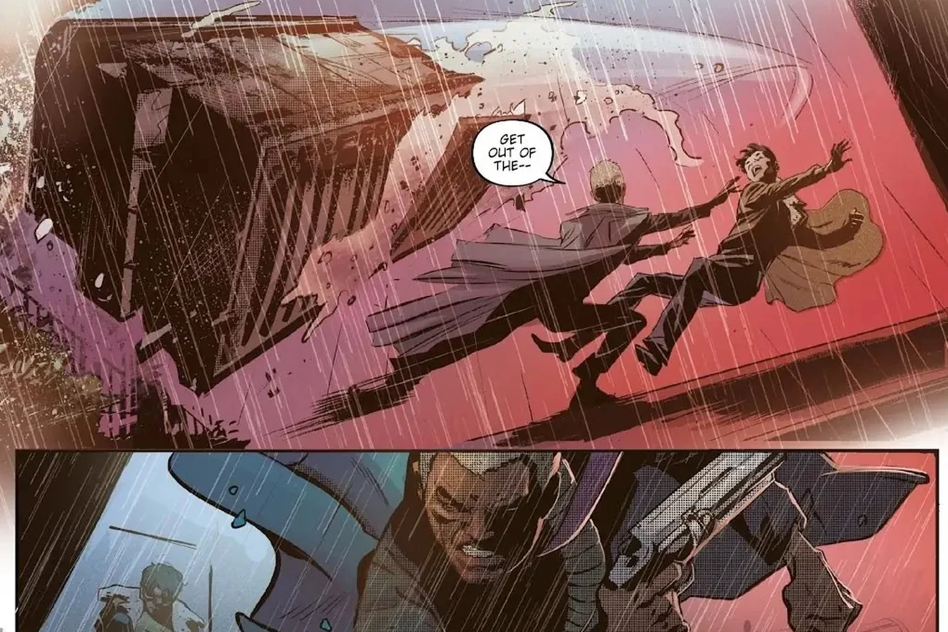 Marcus Kine thrown clear of a blast then drawing a handgun in the rain in Blade Runner: Origins