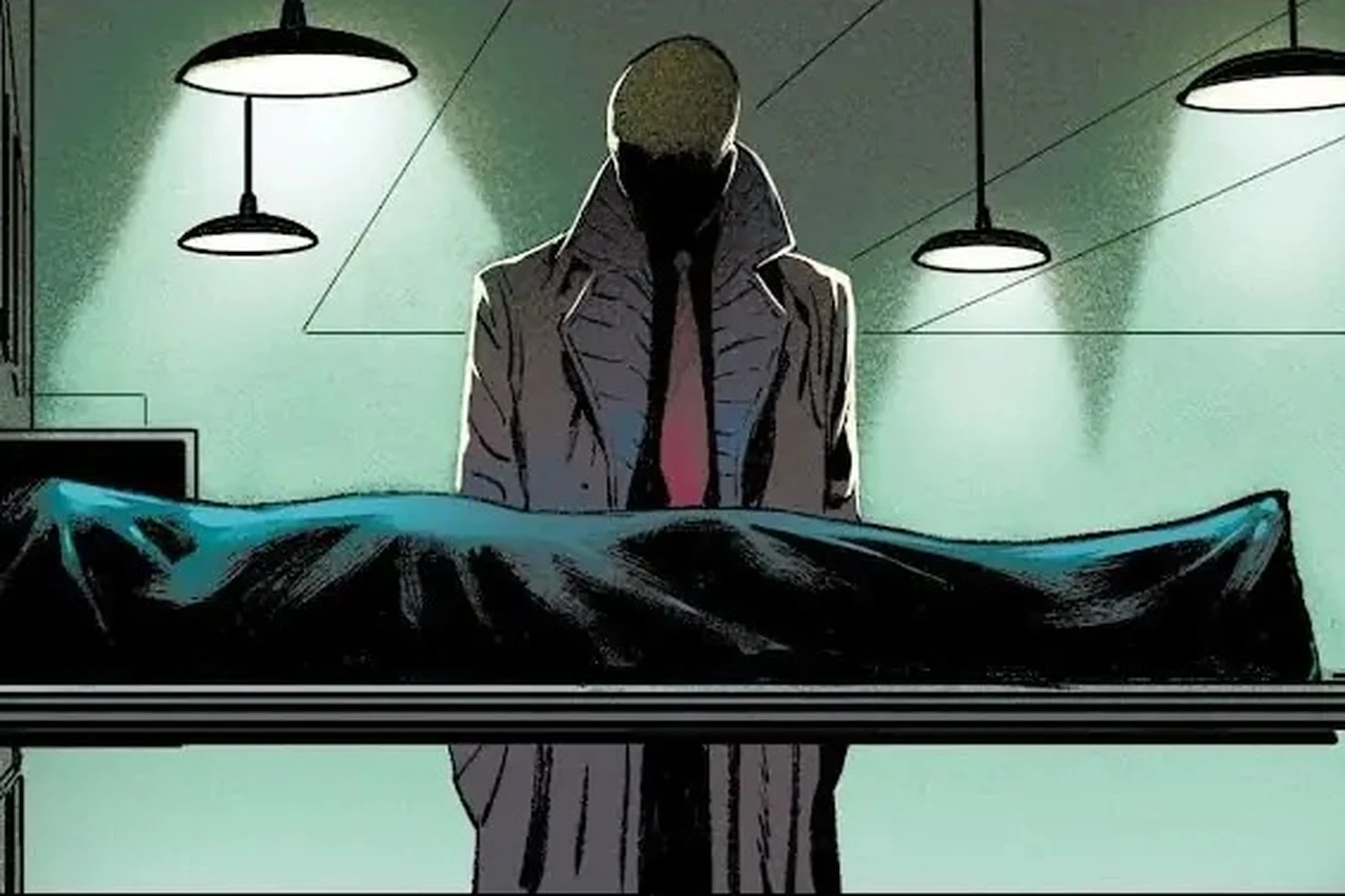 Cal Moreaux standing over Lydia Kine's sheet-covered body beneath hanging lamps in the Los Angeles morgue in Blade Runner: Origins