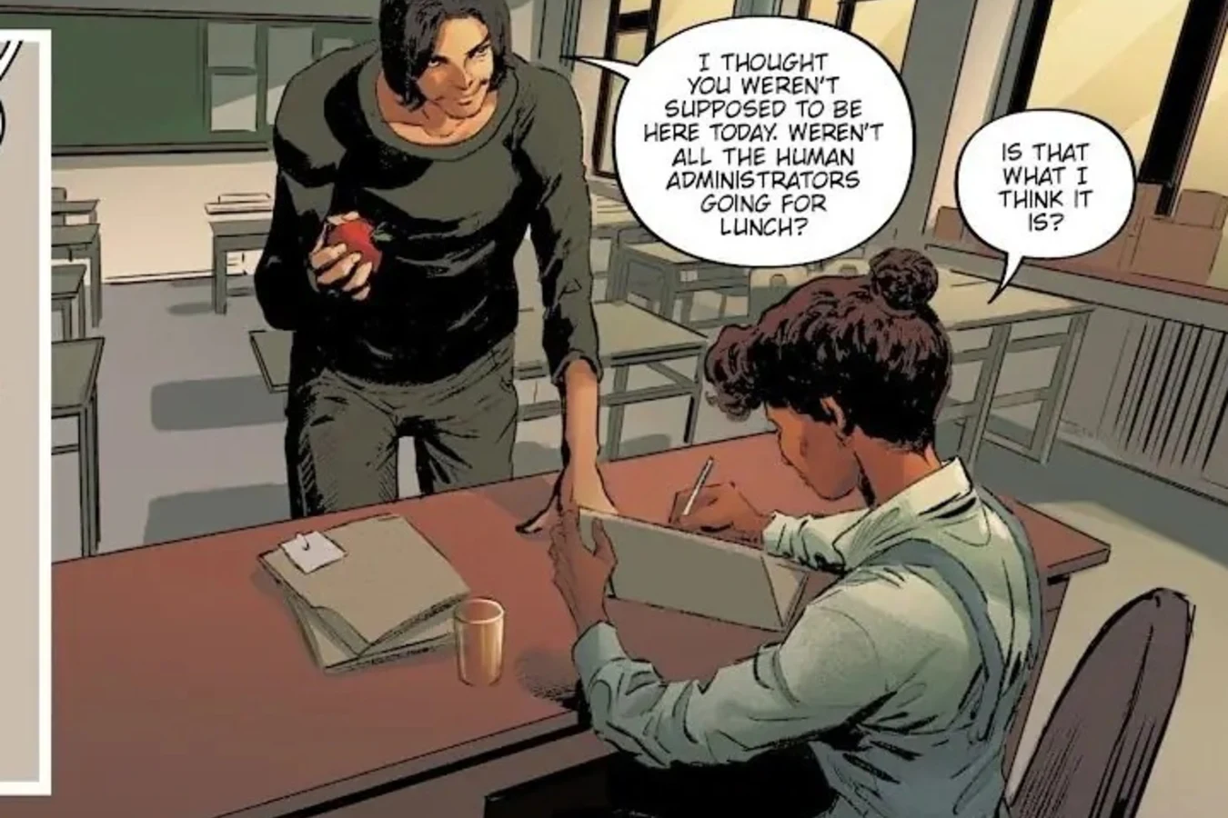 Isaac offering Nia a decorative apple in a Kindred Elementary classroom before the bombing in Blade Runner: Origins