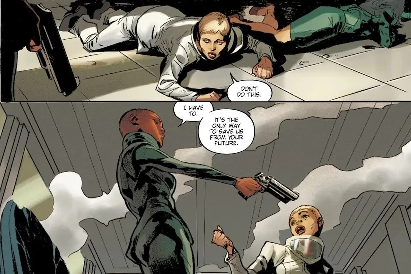 Nia Moreaux holding Ilora Stahl at gunpoint during a live Tyrell broadcast in Blade Runner: Origins