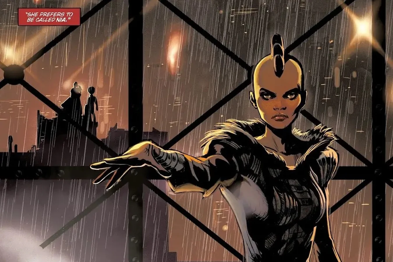 Nia Moreaux in black standing before a rain-streaked window, reaching out to the awakened replicants gathered below her in Blade Runner: Origins