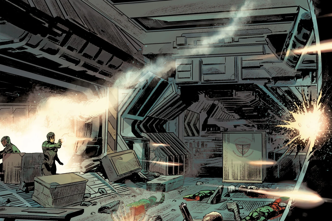 Soldiers fighting through a hexagonal hangar under tracer fire during the siege of Kalanthia in Blade Runner: Origins