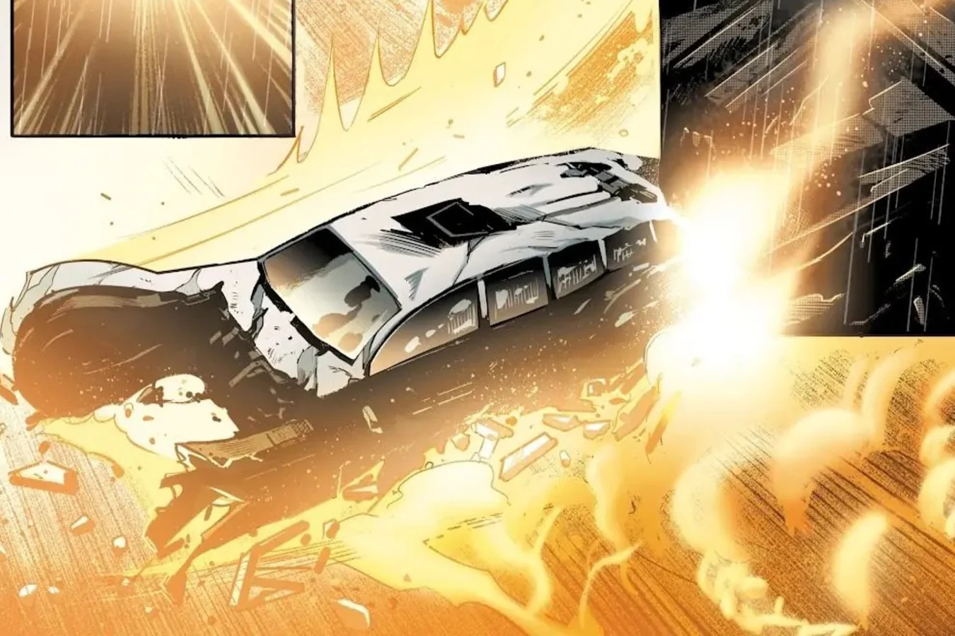 A Tyrell spinner wrecked in the street after an attack during Cal Moreaux's investigation in Blade Runner: Origins