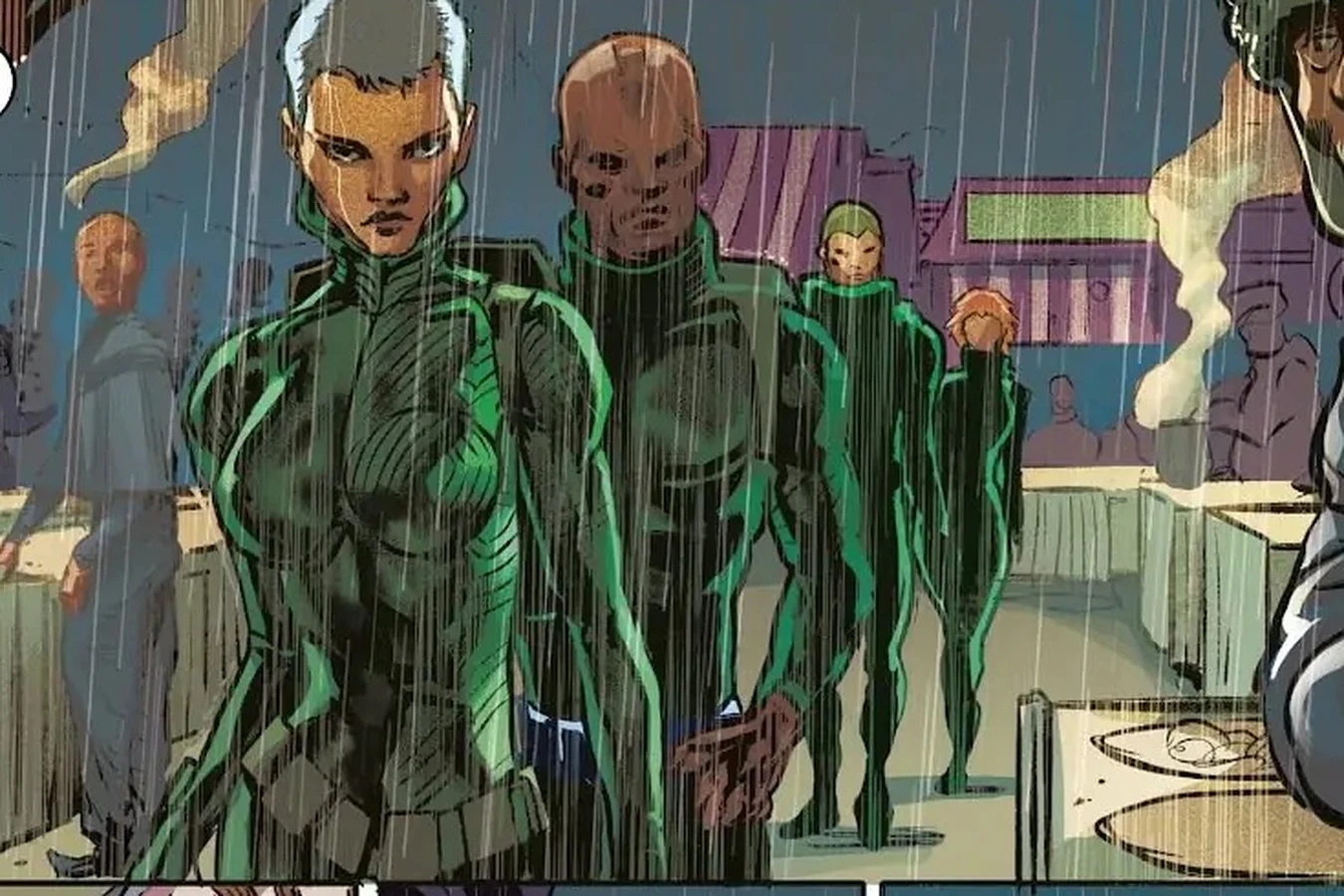 Ilora Stahl's green-armored militia marching through the rain-soaked Sector 6-B market in Blade Runner: Origins