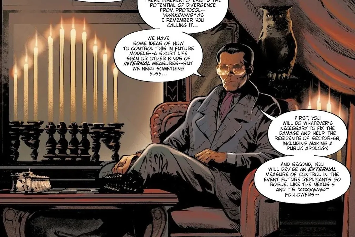 Eldon Tyrell in tinted glasses and a purple cravat seated in an armchair beside a chess set, candelabra, and owl as he lays out his demands in Blade Runner: Origins