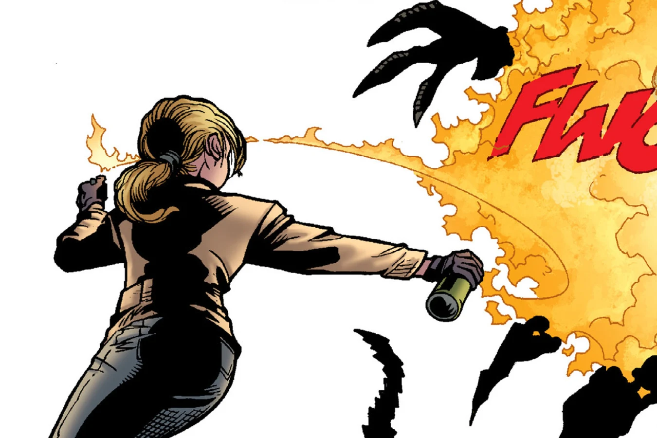 Buffy aiming a lit aerosol can like a flamethrower, a jet of fire bursting toward clawed shadows