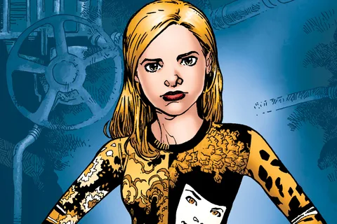 Cover of Buffy the Vampire Slayer: In Space No One Can Hear You Slay!, Buffy holding a stake in front of a Xenomorph-like creature among pipes