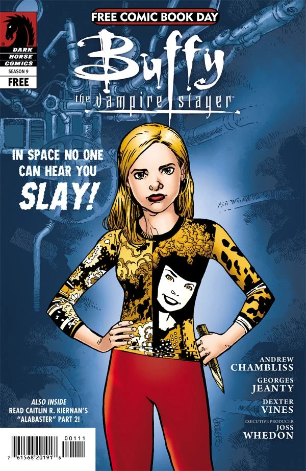 Cover of Buffy the Vampire Slayer: In Space No One Can Hear You Slay!, Buffy holding a stake in front of a Xenomorph-like creature among pipes