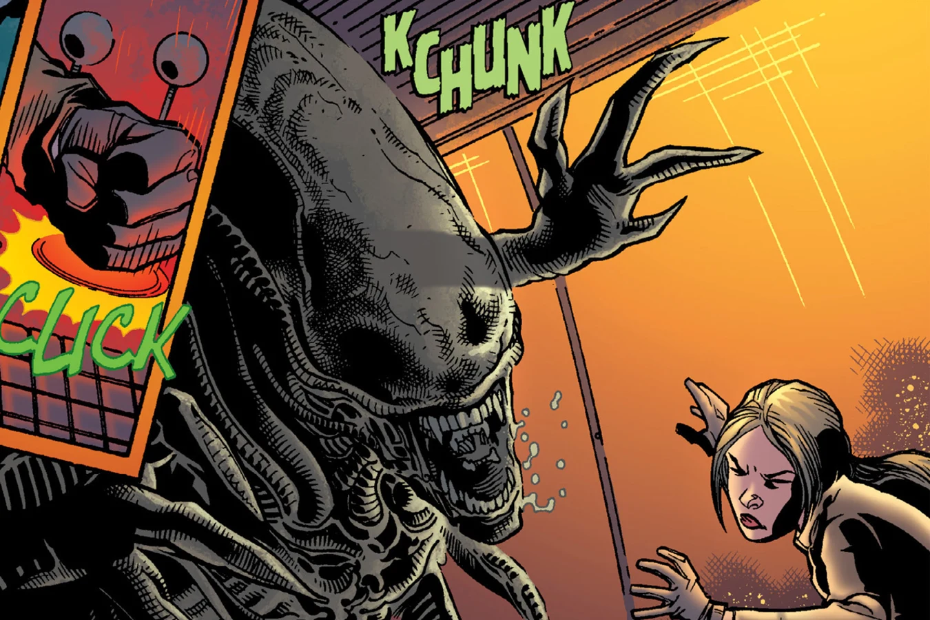 Buffy shielding herself as the shutters open with a KCHUNK and light floods over the Xenomorph-like bug-pire after she hits the solarium control