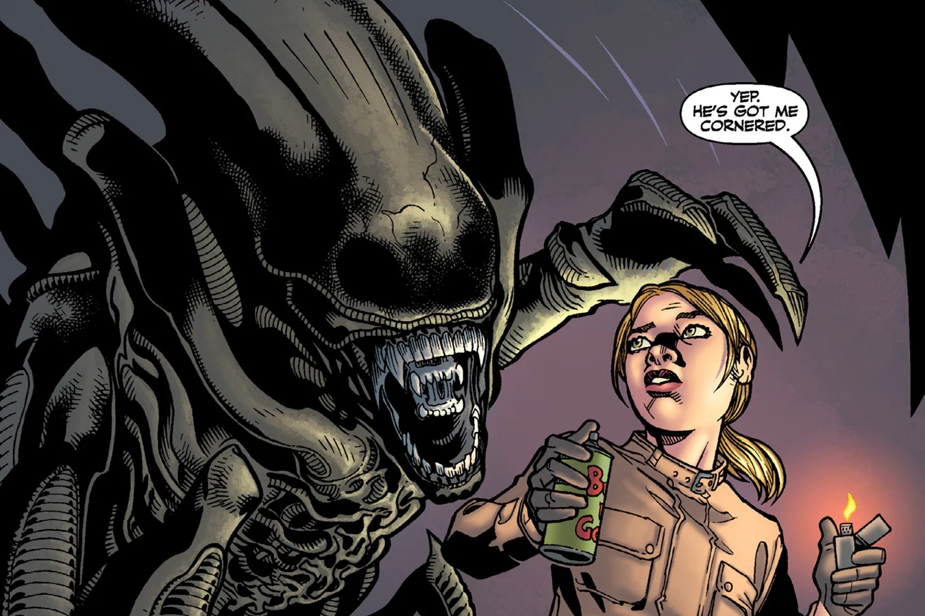 The vampiric Xenomorph looming over Buffy as she holds a can of bug spray and a lit lighter in the solarium