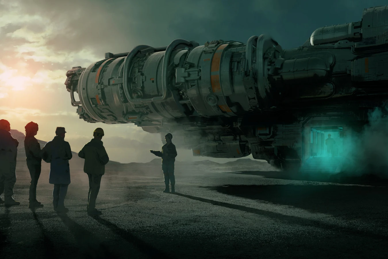 Colonists wait on a landing pad under a grounded colony ship in Building Better Worlds art