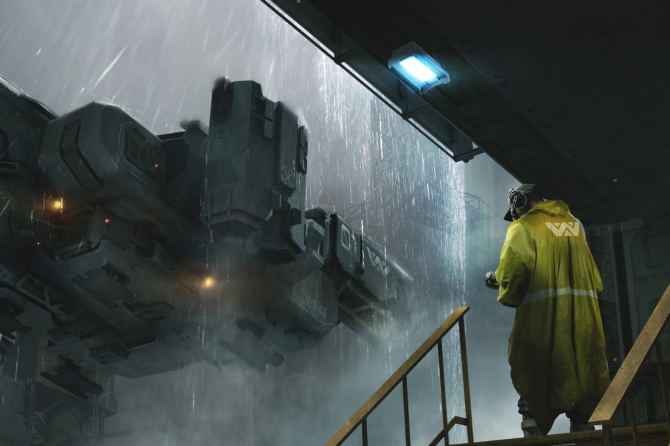 A Weyland-Yutani colony ship hovers in the rain beside a platform crew in yellow coats