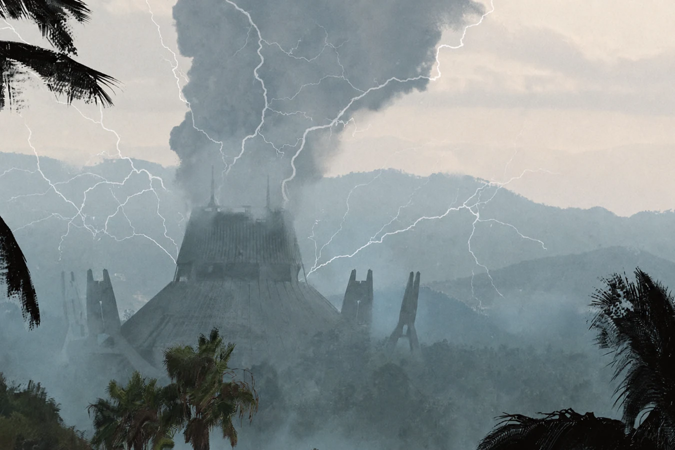 A smoking tower in the Shānmén rainforest during a lightning storm