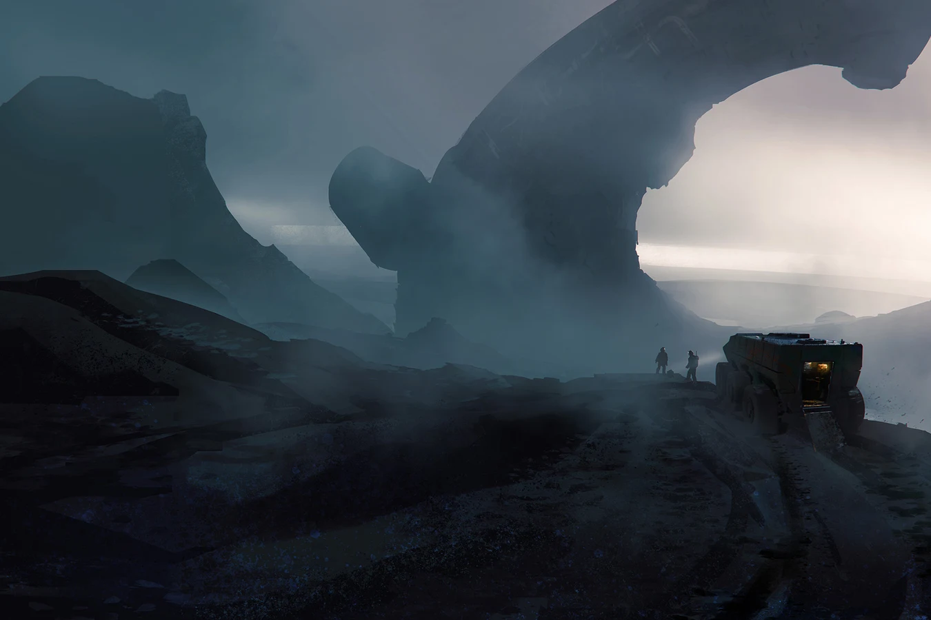 Two surveyors and a hauler on a ridge beneath the wreck of a horseshoe-shaped ship