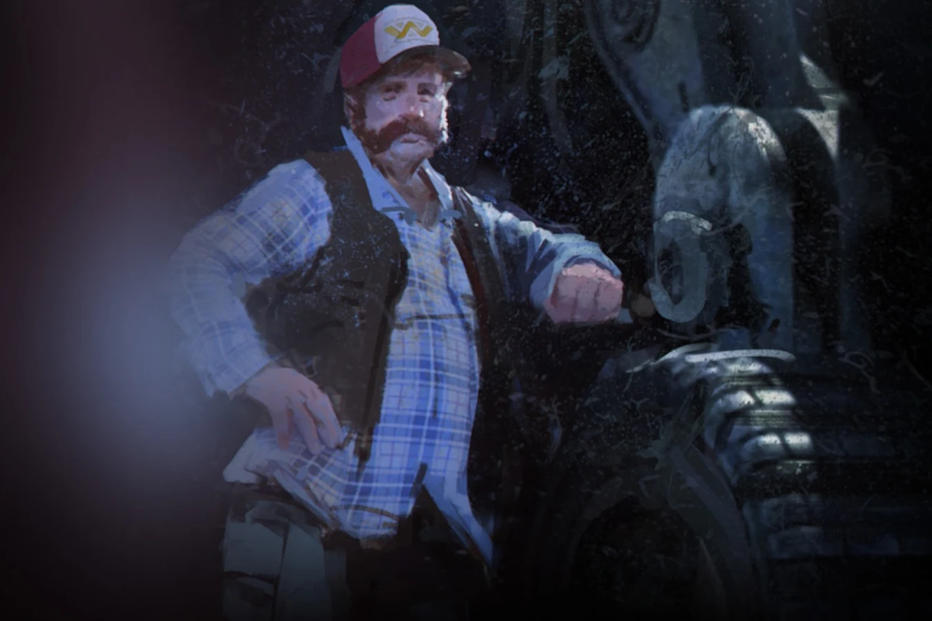 A Wildcatter in a Weyland-Yutani cap beside heavy mining equipment