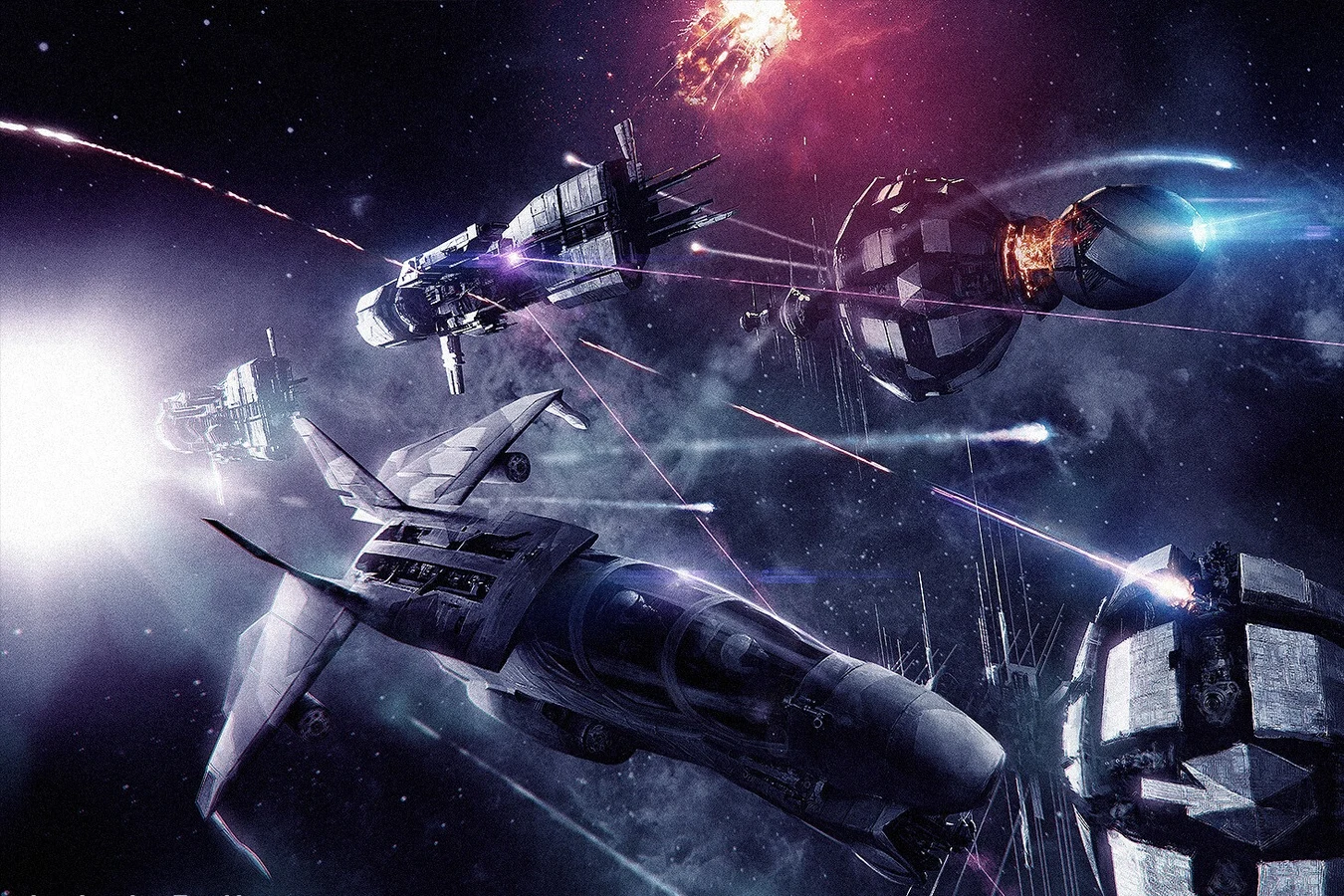 Warships and a fighter exchange fire beside a burning station in Operations Manual art by Jarek Kubicki