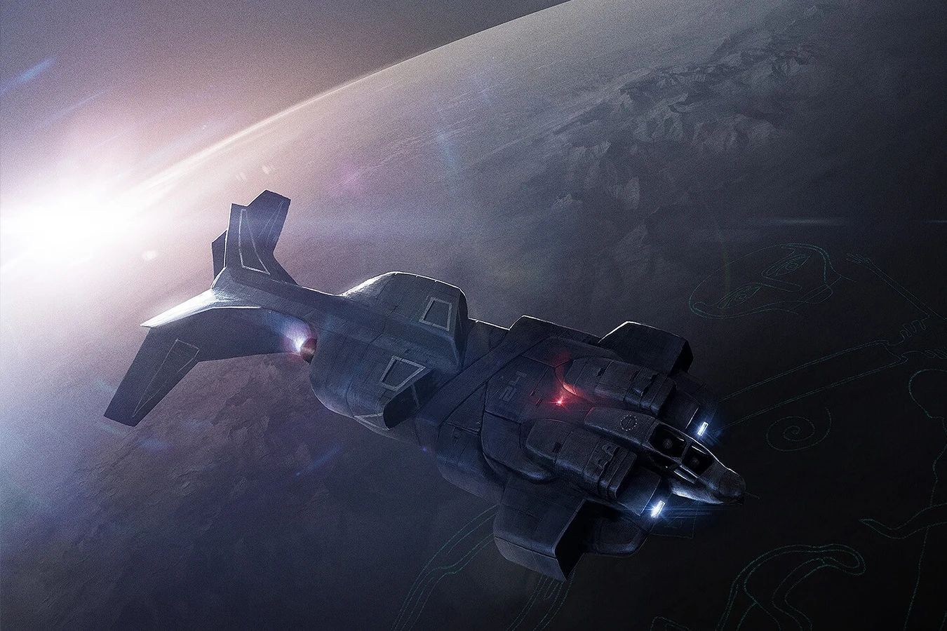 A Cheyenne dropship over a dark world marked with glowing ground figures, Operations Manual art