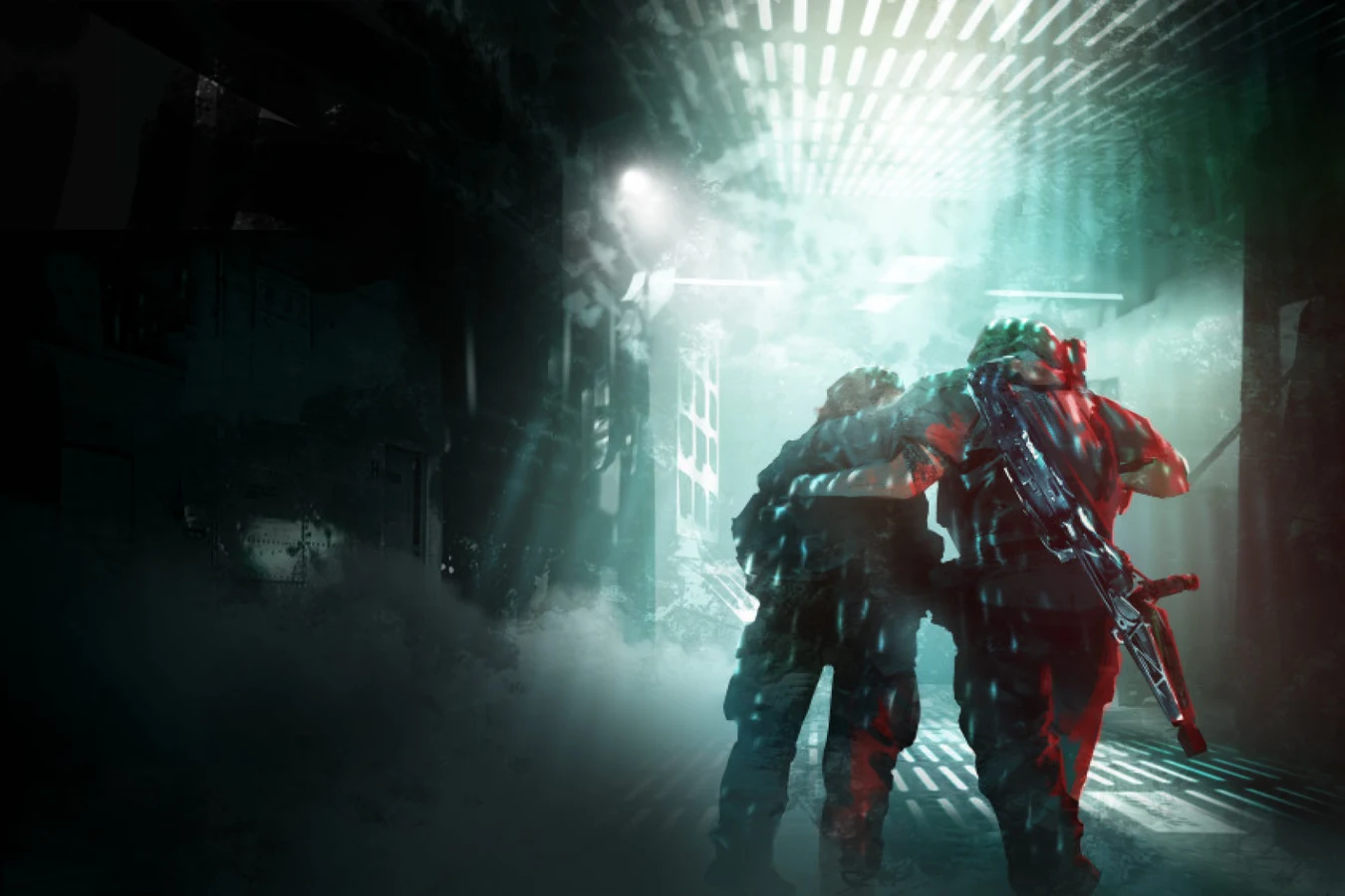 Two Colonial Marines with a pulse rifle in a smoke-filled corridor, Operations Manual art