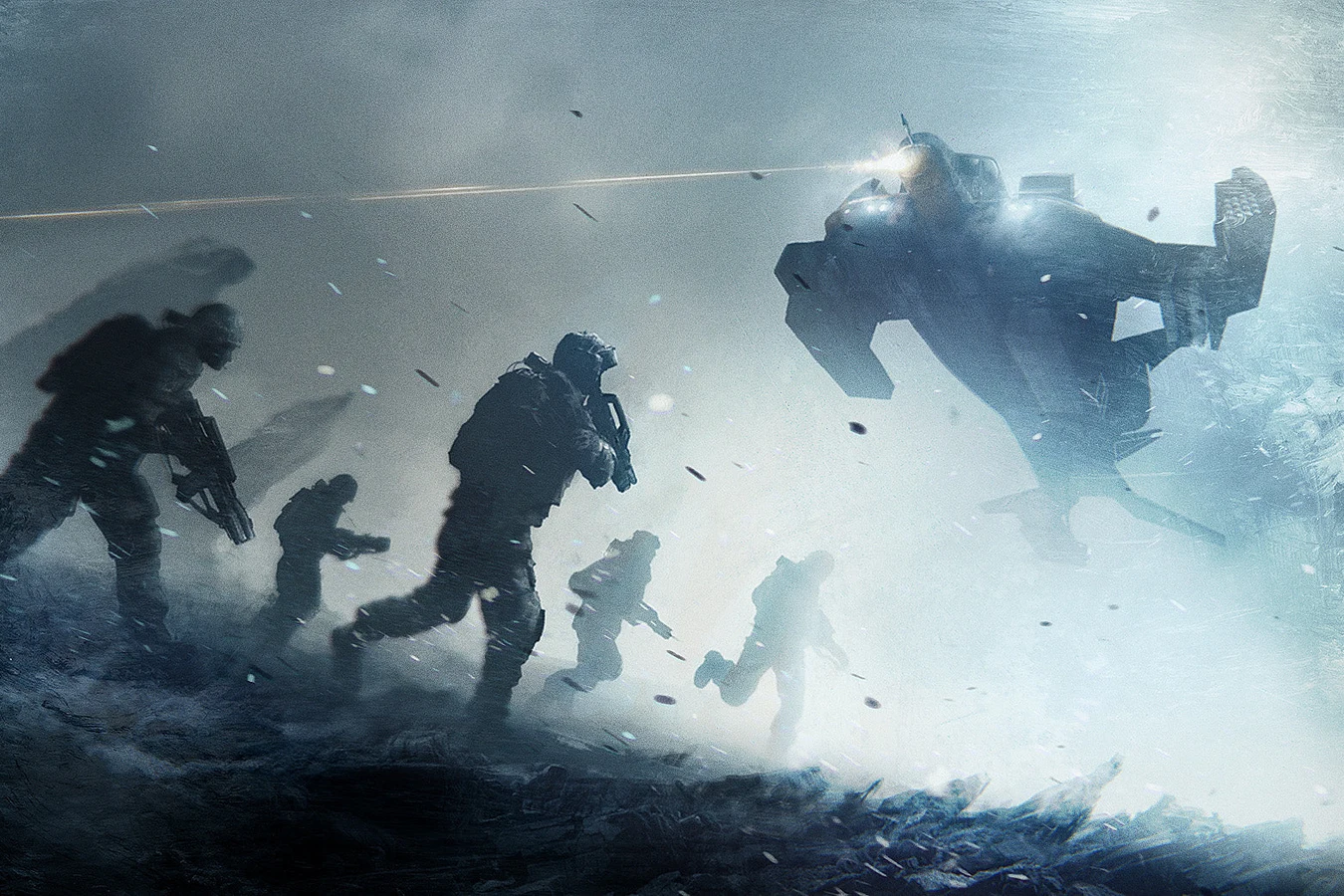 Colonial Marines advance under a hovering Cheyenne dropship in Operations Manual art