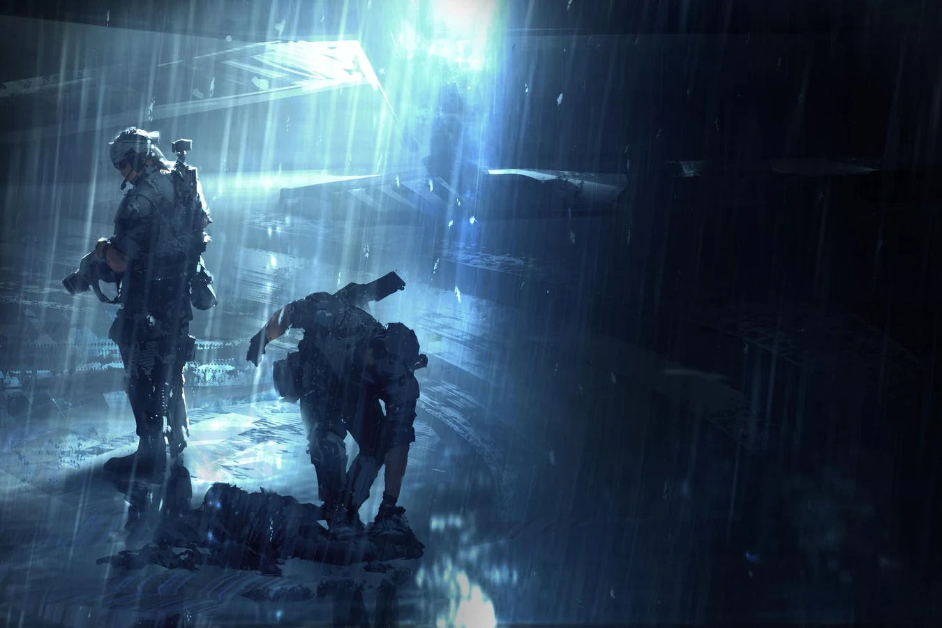 Two Colonial Marines on a rain-soaked landing platform in Operations Manual art