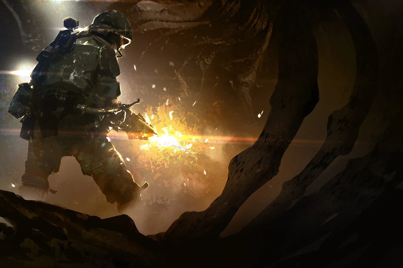A Colonial Marine fires into a hive tunnel in Operations Manual art