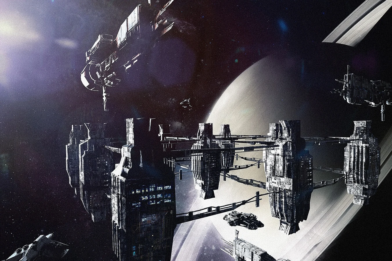 A ringed orbital station and warships from Colonial Marines Operations Manual art