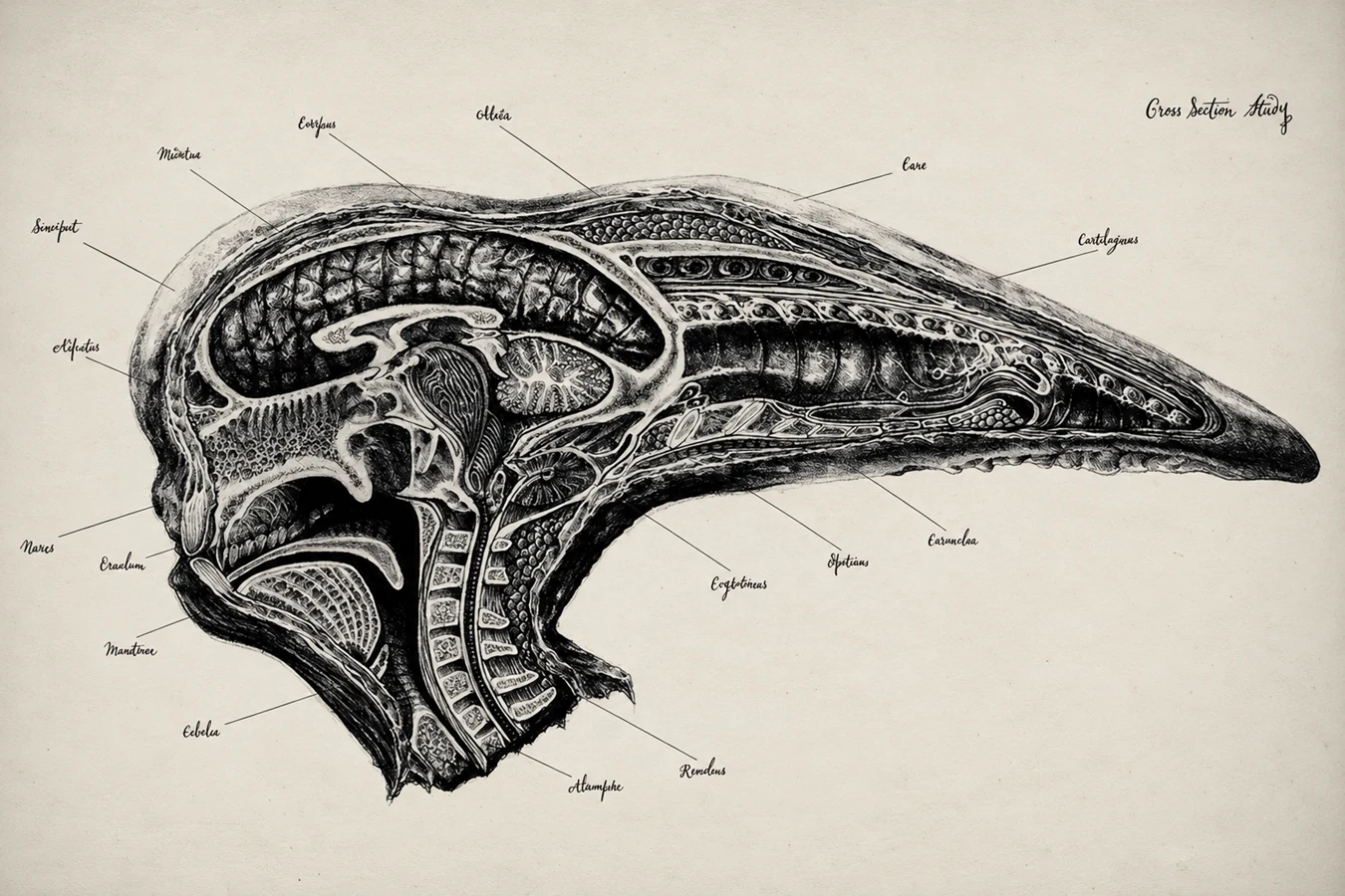 Labeled cross section of a long-snouted head from David's Drawings